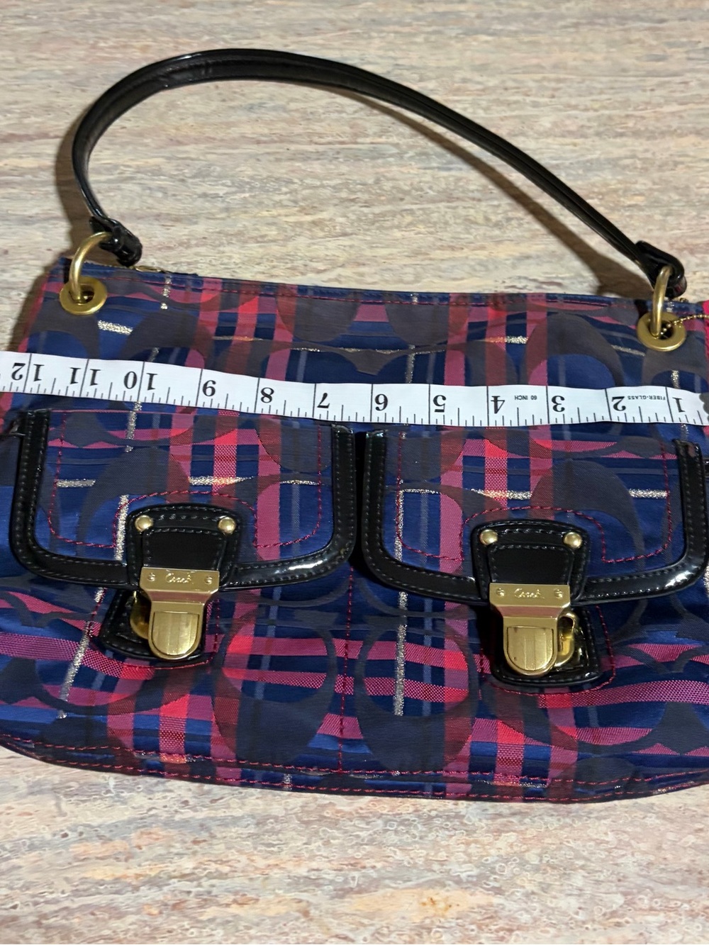 Coach Plaid Tartan G1282-21622 Blue & Pink Plaid Bag with 2 Fobs & Black Trim - Picture 15 of 16